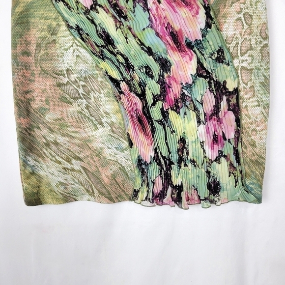 Samuel Dong Y2k Green Pink Roses Animal Print Pleated Fanned Fitted Midi Dress - Picture 4 of 10